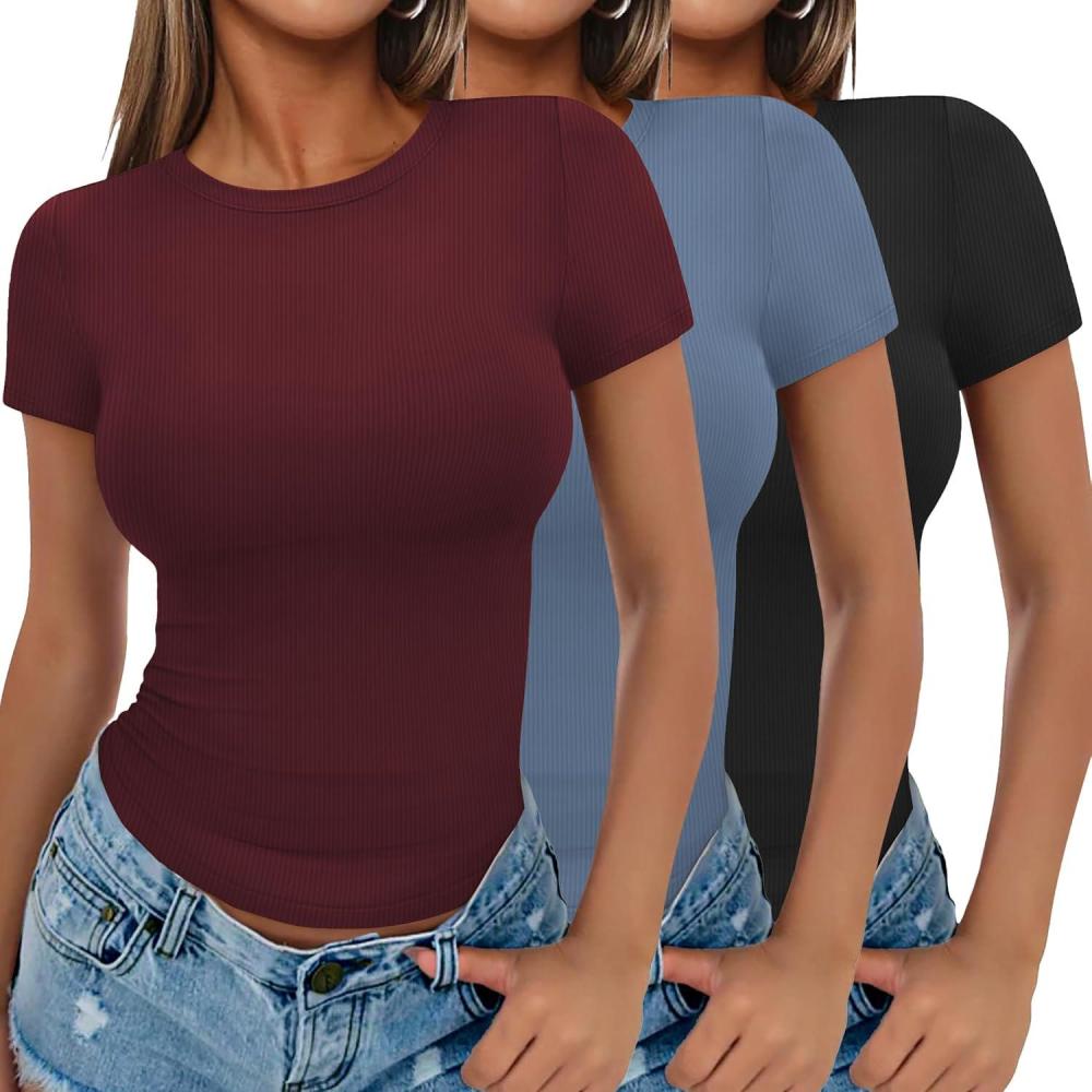 imageEkouaer Women Short Sleeve Shirts Lightweight Basic Tops Ribbed Knit Outfit Tees Crew Neck TShirts Work Out BlouseBlackDark RedBlue