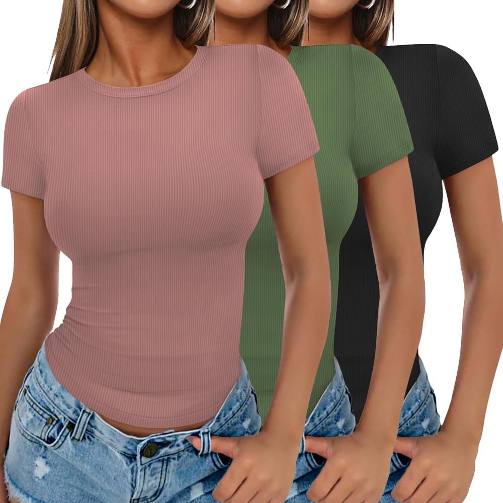 imageEkouaer Women Short Sleeve Shirts Lightweight Basic Tops Ribbed Knit Outfit Tees Crew Neck TShirts Work Out BlouseBlackDirty PinkArmy Green