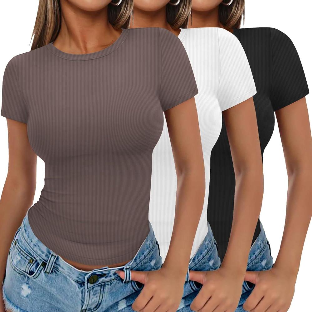 imageEkouaer Women Short Sleeve Shirts Lightweight Basic Tops Ribbed Knit Outfit Tees Crew Neck TShirts Work Out BlouseBlackWhiteGrey