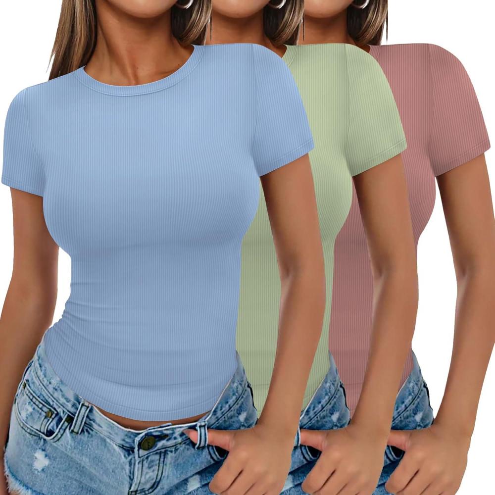 imageEkouaer Women Short Sleeve Shirts Lightweight Basic Tops Ribbed Knit Outfit Tees Crew Neck TShirts Work Out BlouseBluePinkGreen