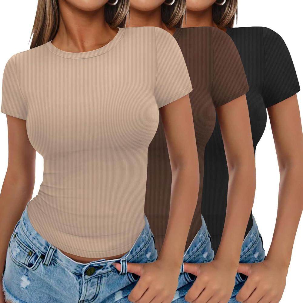 imageEkouaer Women Short Sleeve Shirts Lightweight Basic Tops Ribbed Knit Outfit Tees Crew Neck TShirts Work Out BlouseKhakiBrownBlack