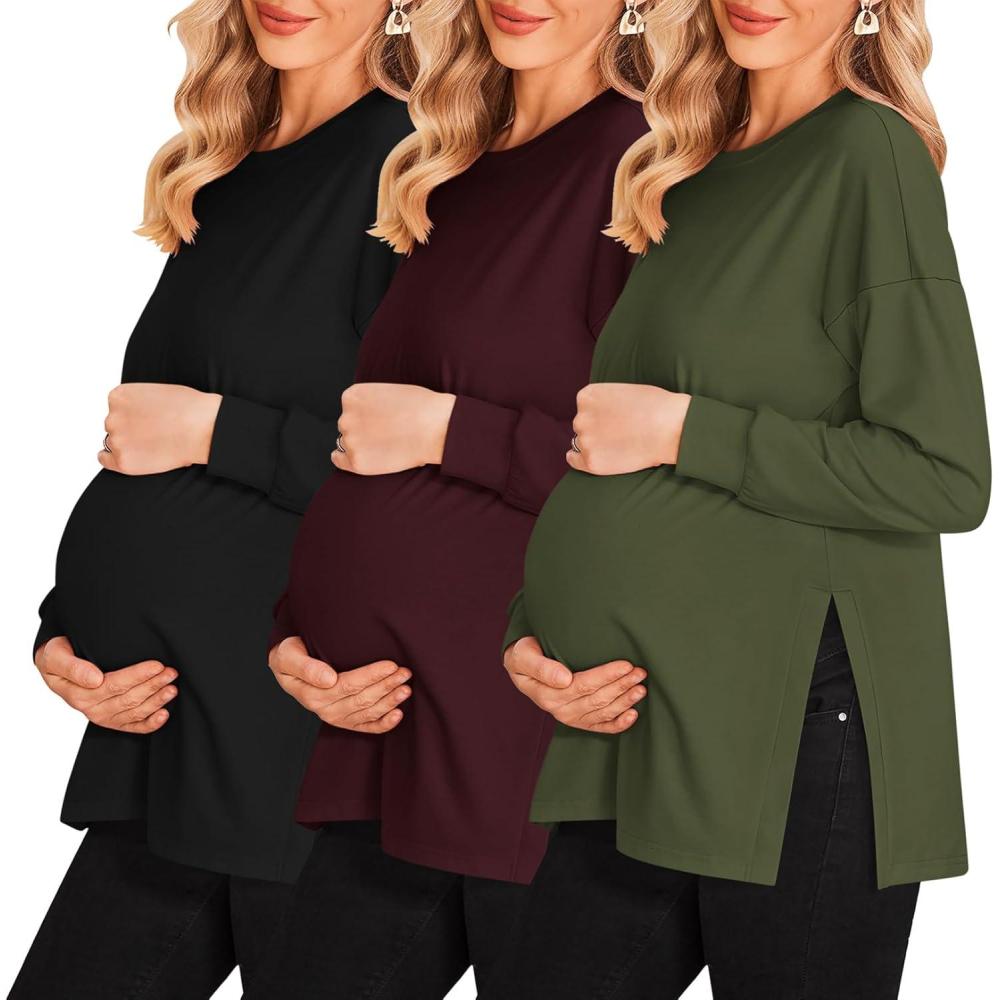 imageEkouaer Womens 3 Packs Maternity Shirts Long Sleeve Side Ruched Pregnancy Tee Workout Top Tunic Blouse Mama Clothes3pcs Black Burgundy Red Army Green
