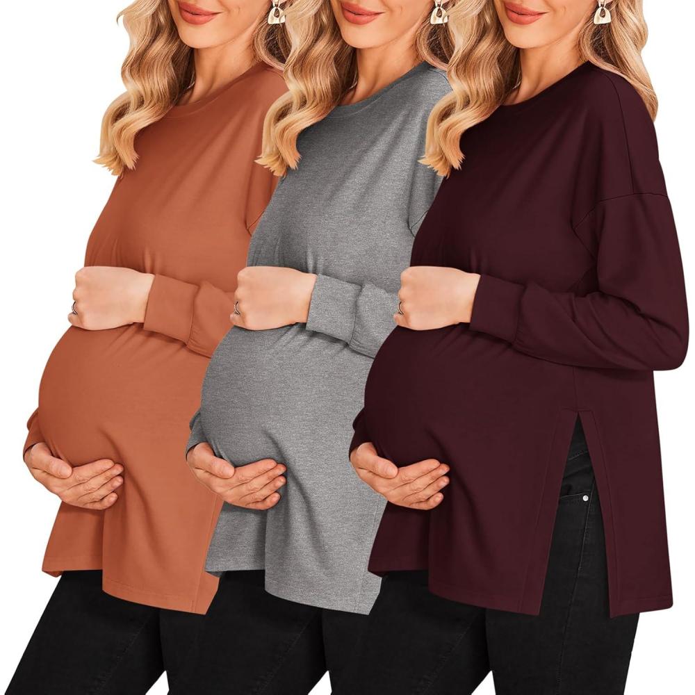 imageEkouaer Womens 3 Packs Maternity Shirts Long Sleeve Side Ruched Pregnancy Tee Workout Top Tunic Blouse Mama Clothes3pcs Burgundy Red Caramel Dark Grey