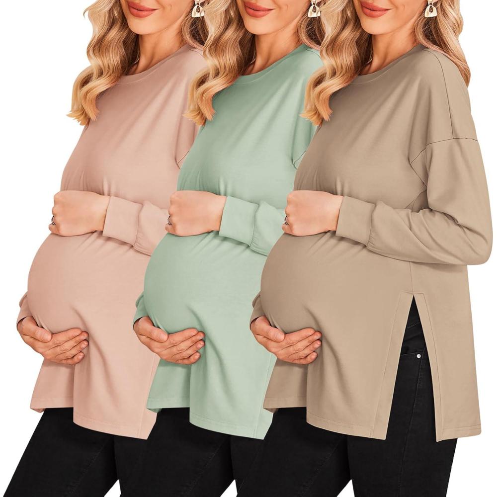 imageEkouaer Womens 3 Packs Maternity Shirts Long Sleeve Side Ruched Pregnancy Tee Workout Top Tunic Blouse Mama Clothes3pcs Dirty Pink Khaki Mintgreen