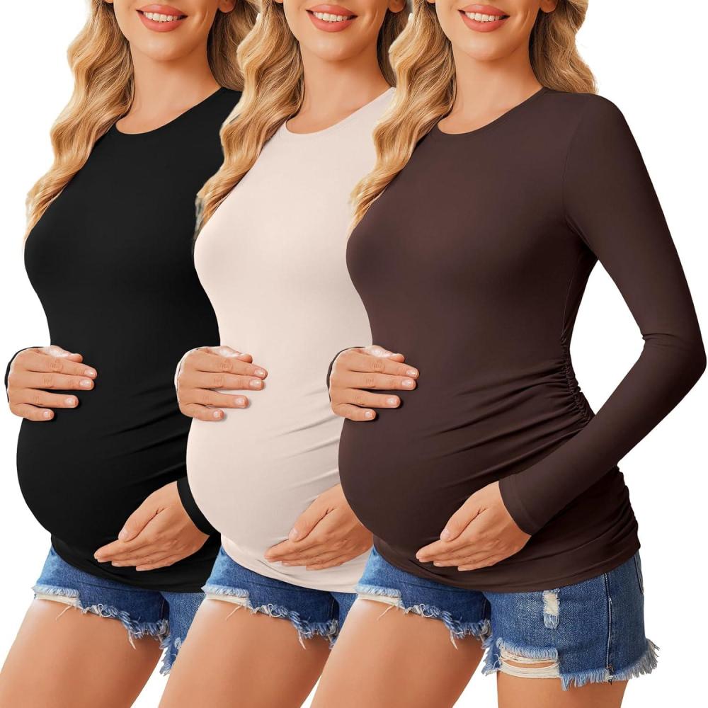 imageEkouaer Womens Maternity Crew Neck Long Sleeve Tee 3 Pack3pcs Black Brown Beige