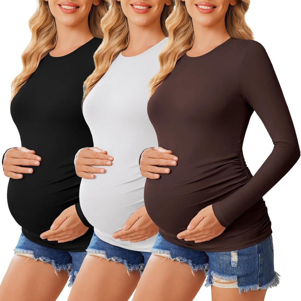 imageEkouaer Womens Maternity Crew Neck Long Sleeve Tee 3 Pack3pcs Black Brown White