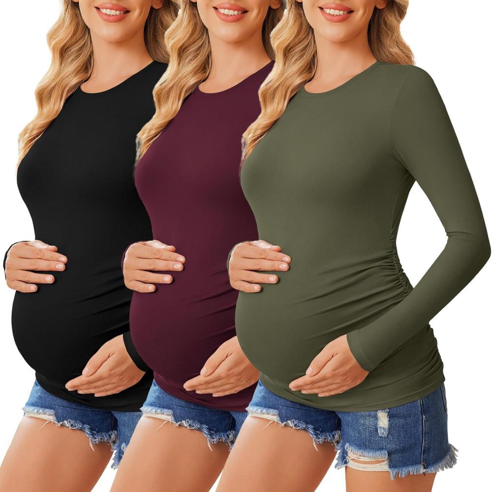 imageEkouaer Womens Maternity Crew Neck Long Sleeve Tee 3 Pack3pcs Black Burgundy Red Army Green