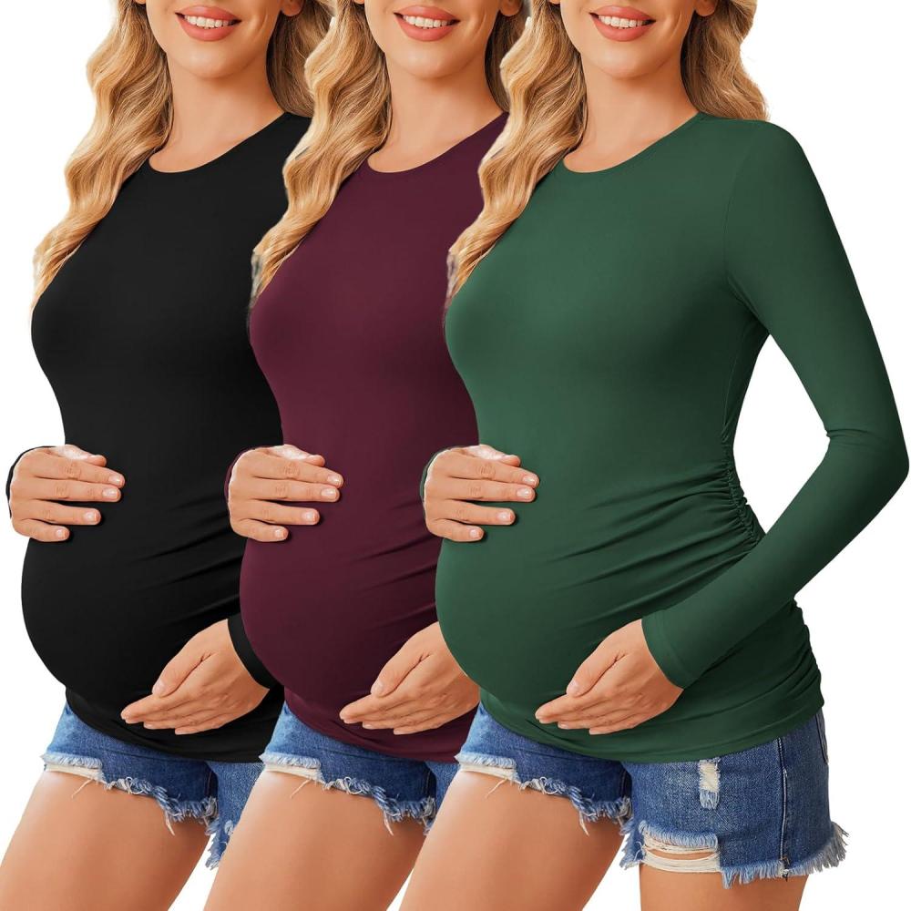 imageEkouaer Womens Maternity Crew Neck Long Sleeve Tee 3 Pack3pcs Black Burgundy Red Green