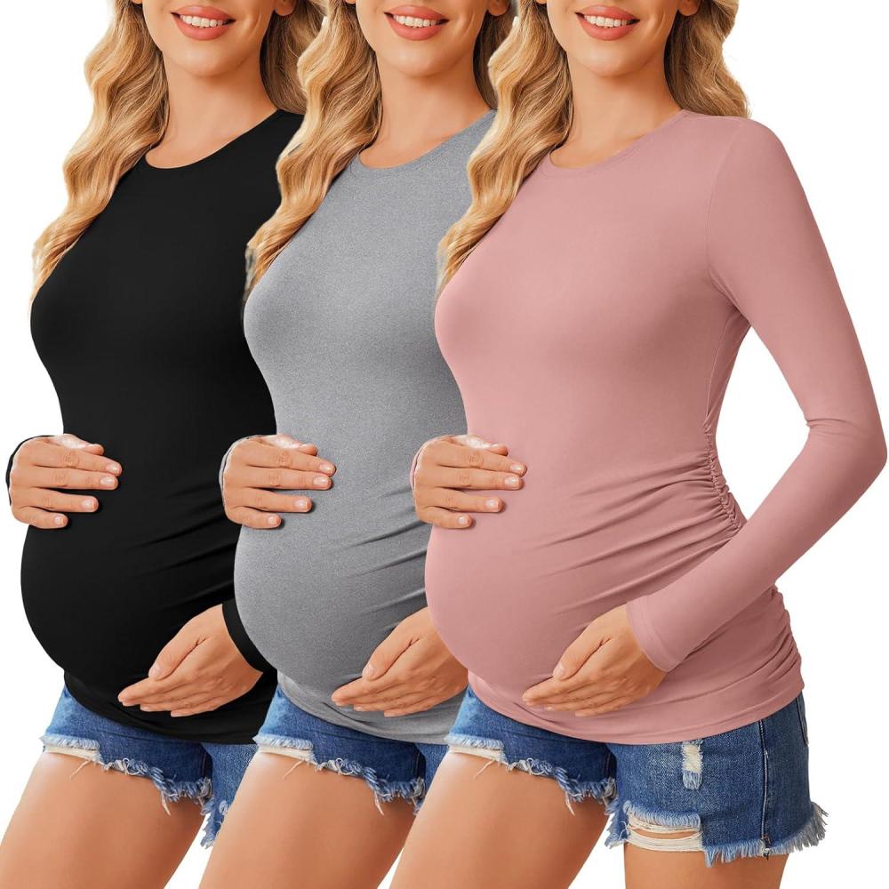 imageEkouaer Womens Maternity Crew Neck Long Sleeve Tee 3 Pack3pcs Black Dirty Pink Grey