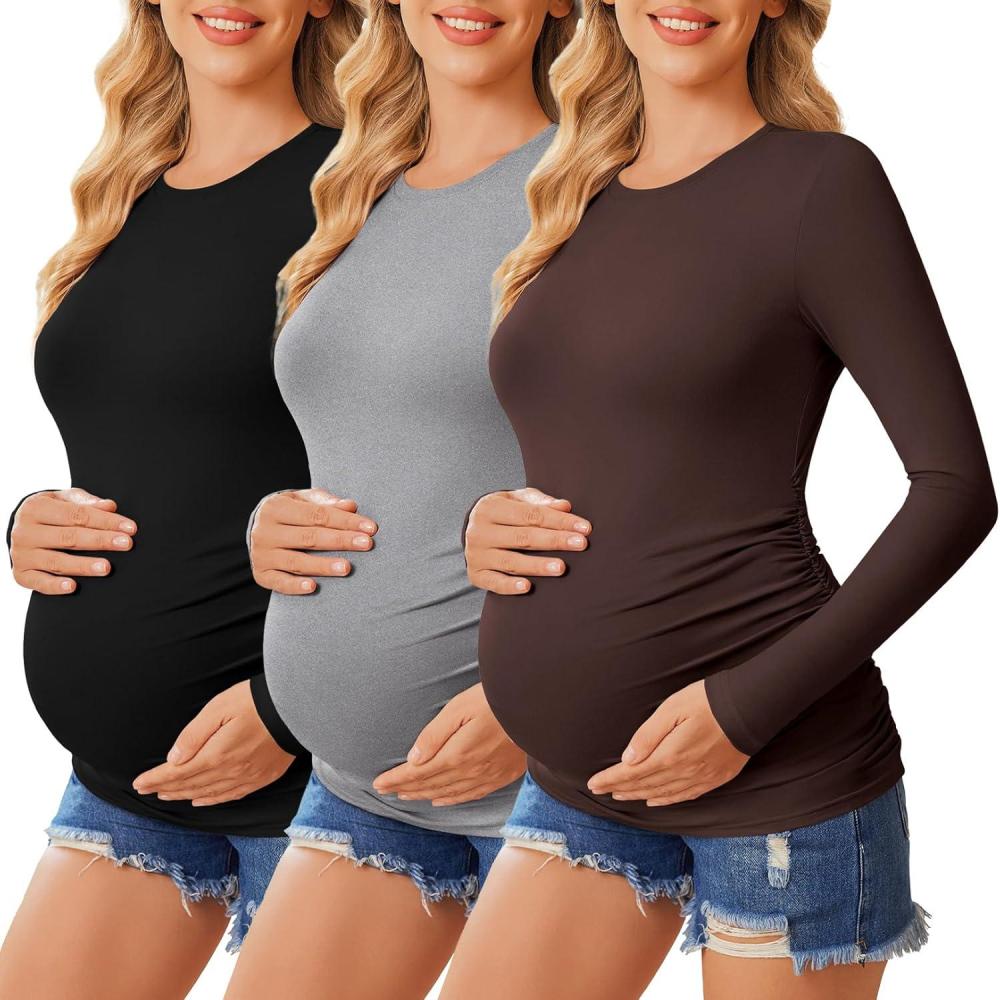 imageEkouaer Womens Maternity Crew Neck Long Sleeve Tee 3 Pack3pcs Black Grey Brown