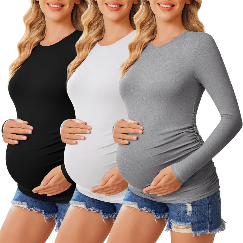 imageEkouaer Womens Maternity Crew Neck Long Sleeve Tee 3 Pack3pcs Black Grey White
