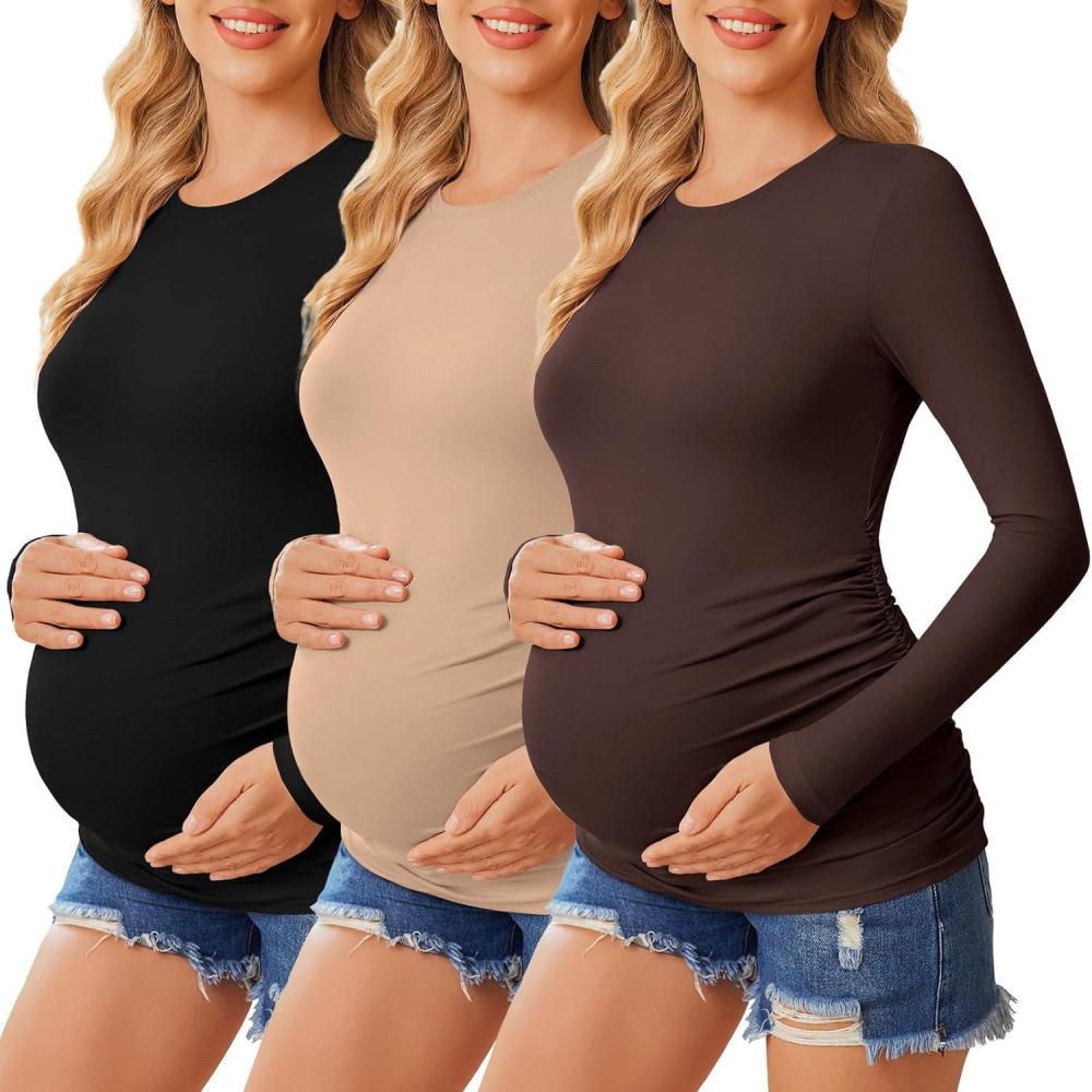 imageEkouaer Womens Maternity Crew Neck Long Sleeve Tee 3 Pack3pcs Black Khaki Brown