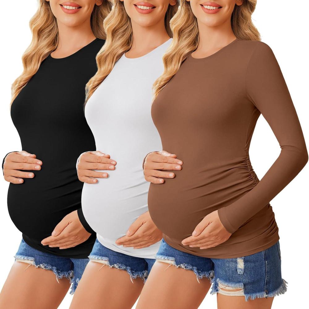 imageEkouaer Womens Maternity Crew Neck Long Sleeve Tee 3 Pack3pcs Black Light Brown White