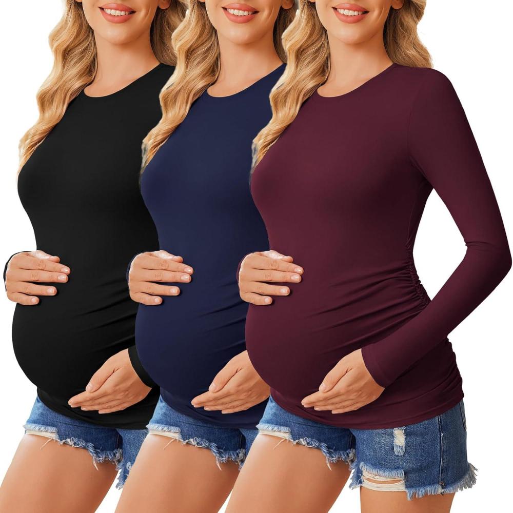 imageEkouaer Womens Maternity Crew Neck Long Sleeve Tee 3 Pack3pcs Black Navy Burgundy Red