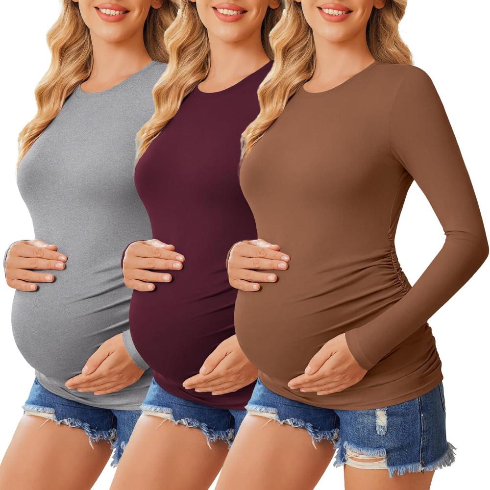 imageEkouaer Womens Maternity Crew Neck Long Sleeve Tee 3 Pack3pcs Burgundy Red Caramel Grey
