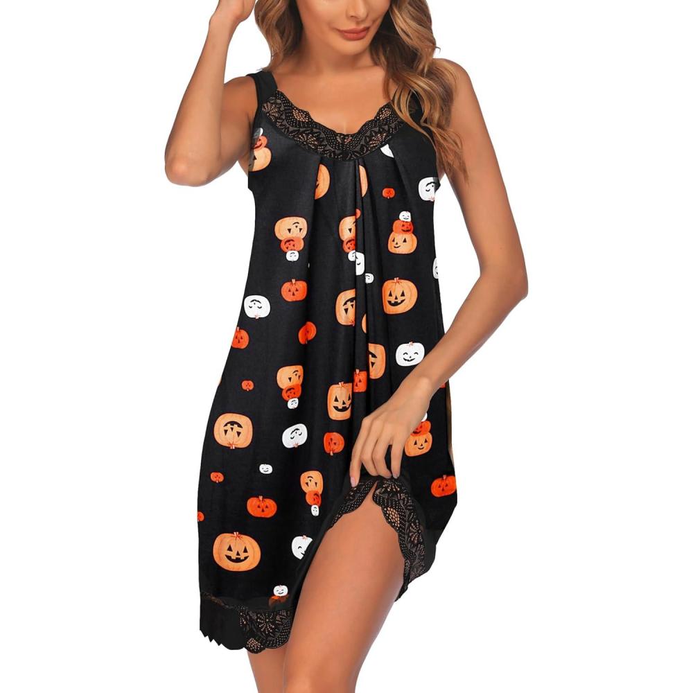 imageEkouaer Womens Nightgown Vneck Chemise Sleepwear Lace Nightwear Soft Lingerie for WomenBlack Pumpkin