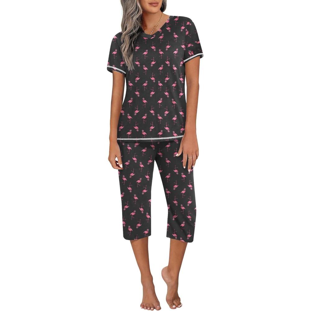 imageEkouaer Womens Pajama Set 2 Piece Short Sleeve Capri Pj Sets V Neck Loungewear Sleepwear with Pockets S3XLFlamingo