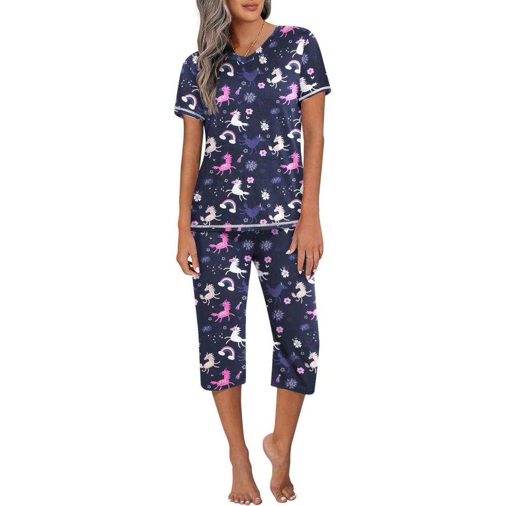 imageEkouaer Womens Pajama Set 2 Piece Short Sleeve Capri Pj Sets V Neck Loungewear Sleepwear with Pockets S3XLFlowers Rainbow