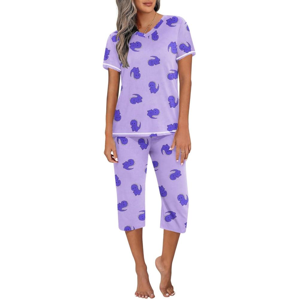 imageEkouaer Womens Pajama Set 2 Piece Short Sleeve Capri Pj Sets V Neck Loungewear Sleepwear with Pockets S3XLLittle Dinosaurs