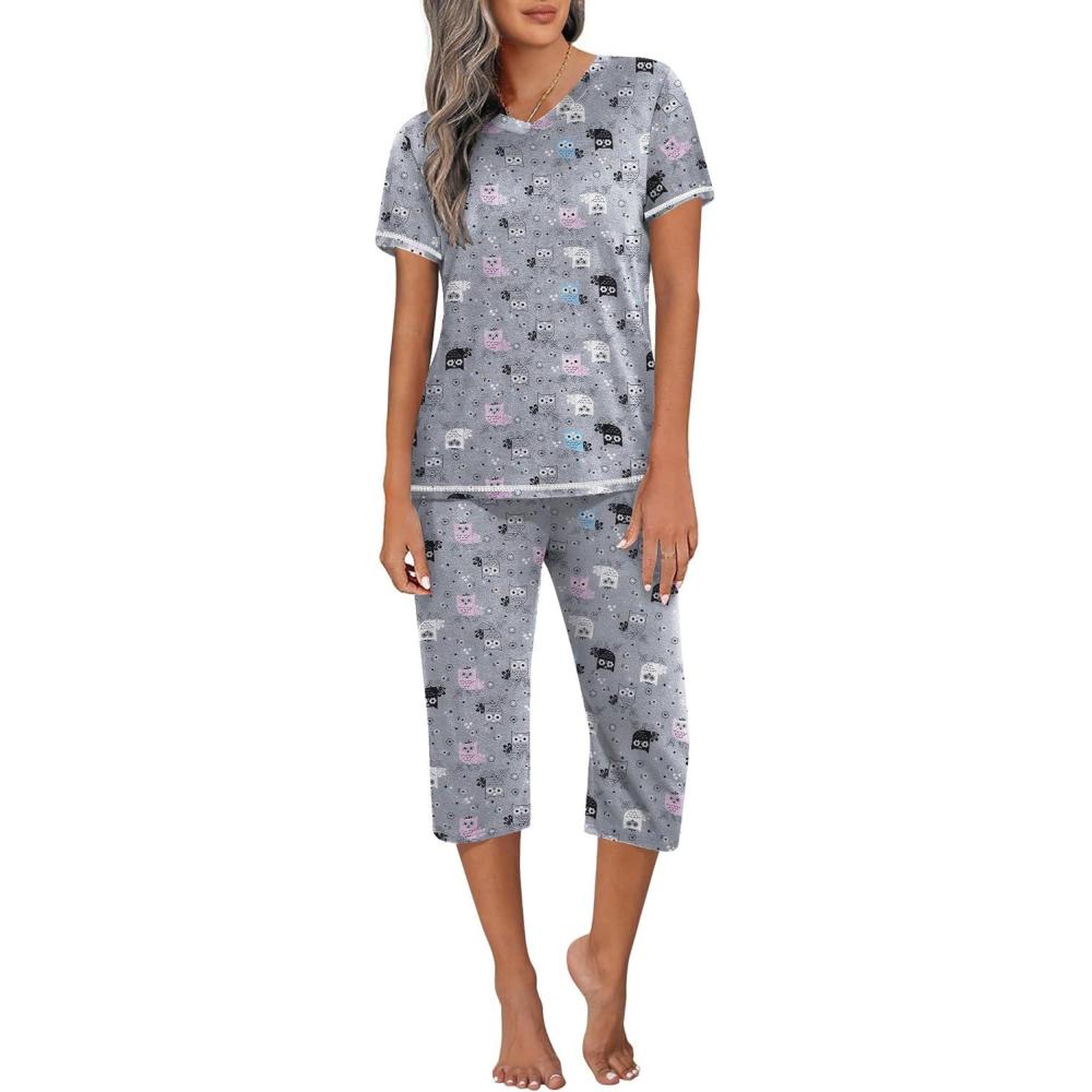imageEkouaer Womens Pajama Set 2 Piece Short Sleeve Capri Pj Sets V Neck Loungewear Sleepwear with Pockets S3XLLittle Owls