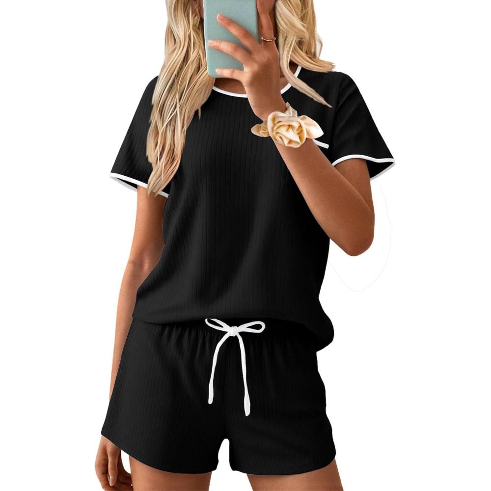 imageEkouaer Womens Pajama Set Ribbed Knit Soft Shorts Pjs Summer Sleepwear Two Piece Casual Lounge Sets with Drawstring amp PocketsBlack