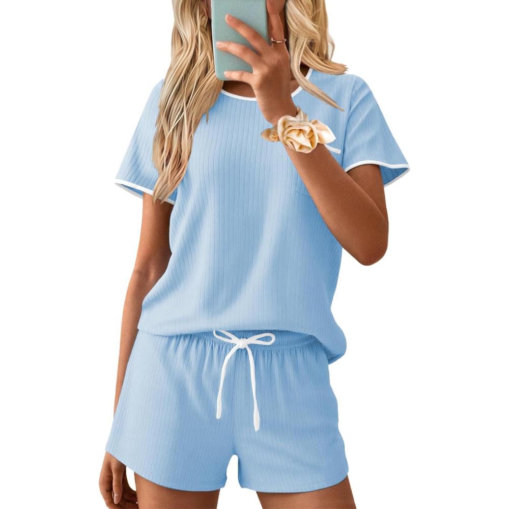 imageEkouaer Womens Pajama Set Ribbed Knit Soft Shorts Pjs Summer Sleepwear Two Piece Casual Lounge Sets with Drawstring amp PocketsClear Blue