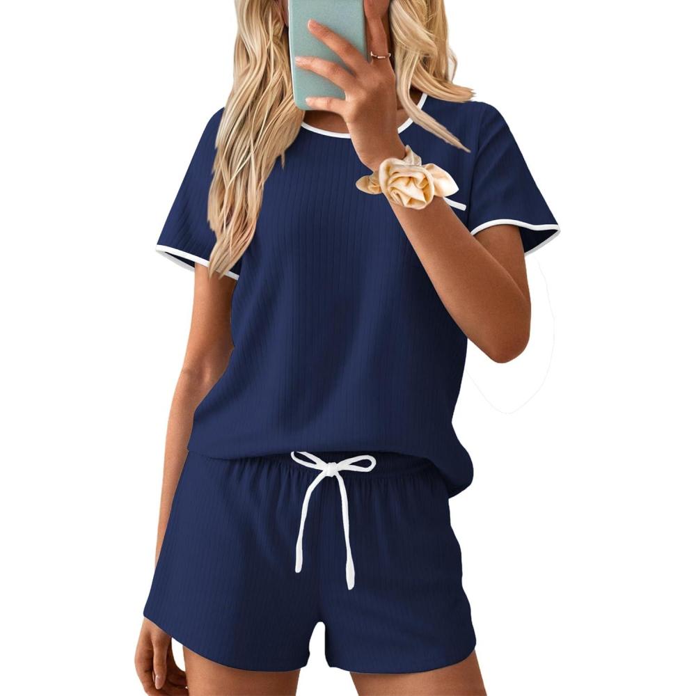 imageEkouaer Womens Pajama Set Ribbed Knit Soft Shorts Pjs Summer Sleepwear Two Piece Casual Lounge Sets with Drawstring amp PocketsNavy Blue