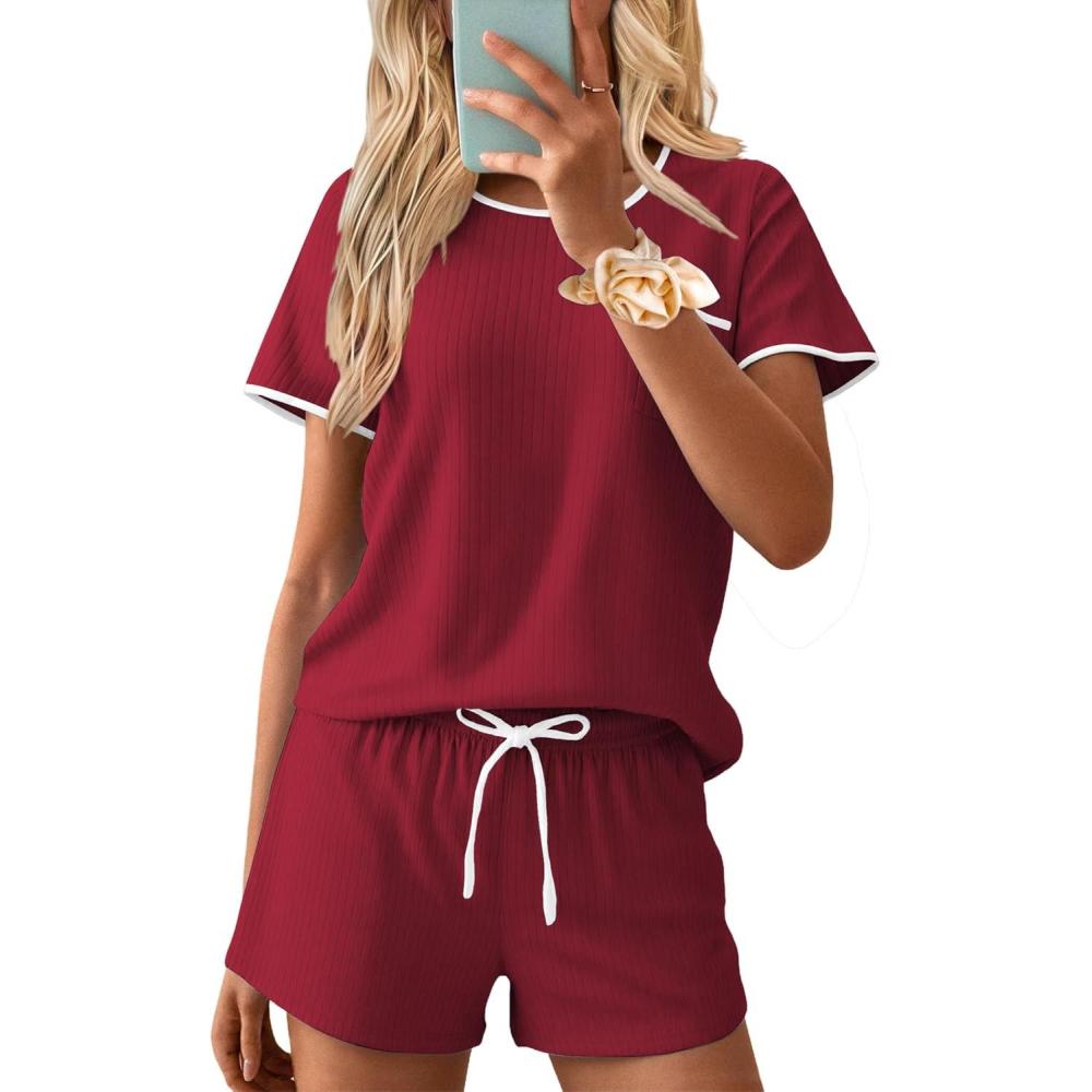 imageEkouaer Womens Pajama Set Ribbed Knit Soft Shorts Pjs Summer Sleepwear Two Piece Casual Lounge Sets with Drawstring amp PocketsWine Red