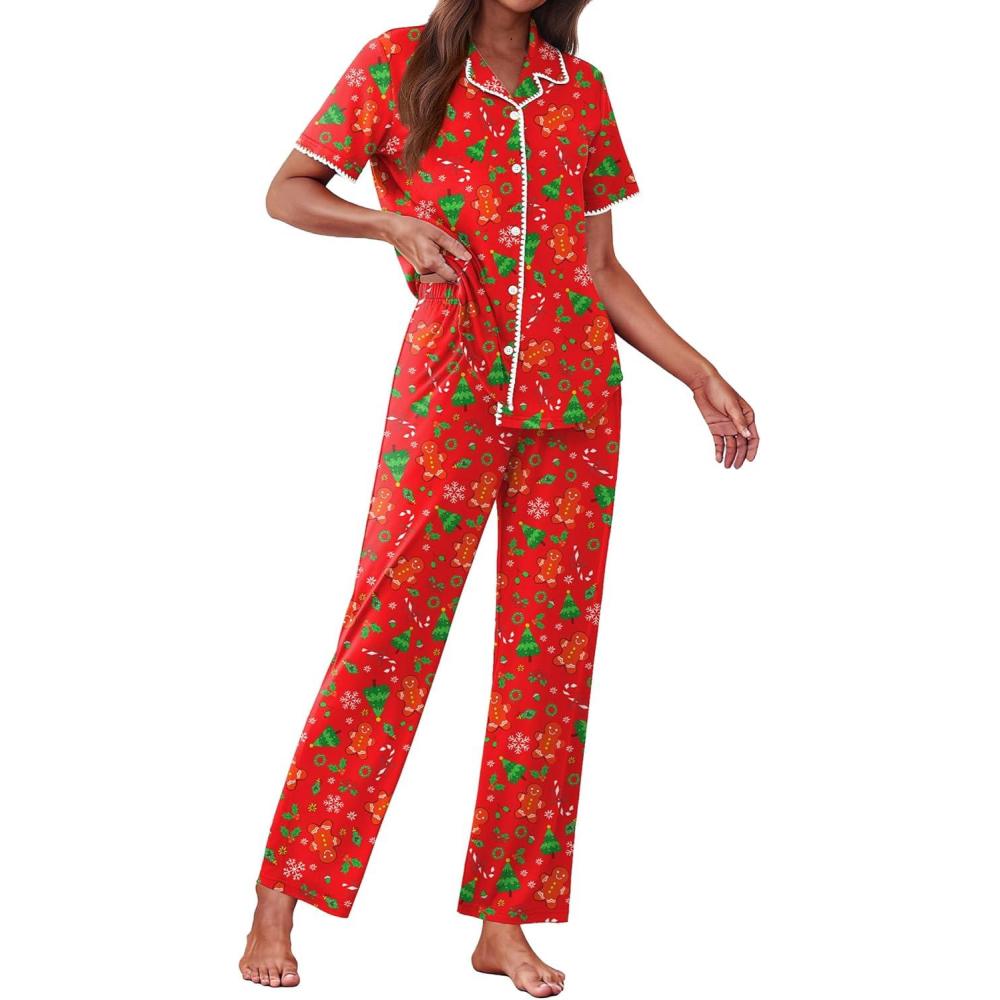 imageEkouaer Womens Pajama Sets Button Down Loungewear Short Sleeve Sleepwear 2 Piece Pants Pjs Set with Pockets SXXLChristmas Red Gingerbread Man