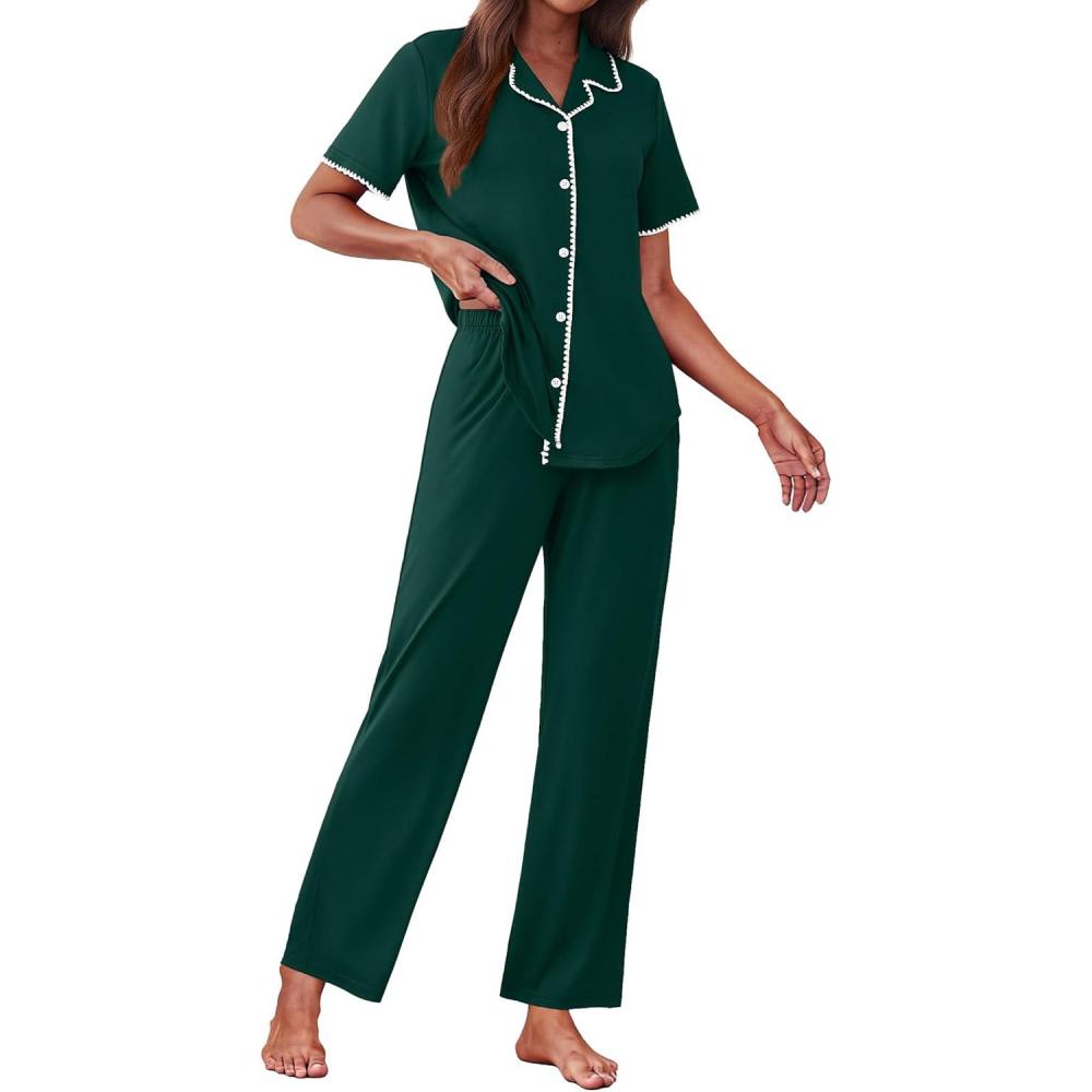 imageEkouaer Womens Pajama Sets Button Down Loungewear Short Sleeve Sleepwear 2 Piece Pants Pjs Set with Pockets SXXLLake Green