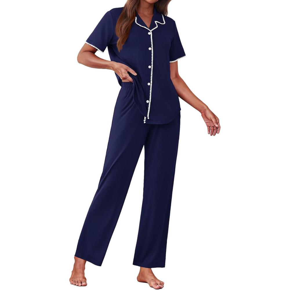 imageEkouaer Womens Pajama Sets Button Down Loungewear Short Sleeve Sleepwear 2 Piece Pants Pjs Set with Pockets SXXLNavy Blue