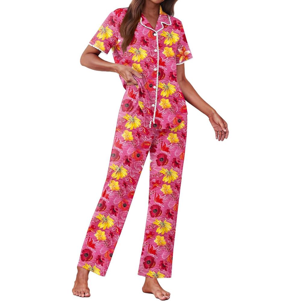 imageEkouaer Womens Pajama Sets Button Down Loungewear Short Sleeve Sleepwear 2 Piece Pants Pjs Set with Pockets SXXLRed Flowers