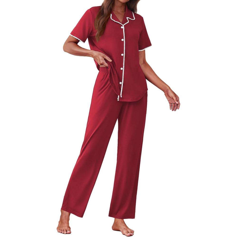 imageEkouaer Womens Pajama Sets Button Down Loungewear Short Sleeve Sleepwear 2 Piece Pants Pjs Set with Pockets SXXLWine Red