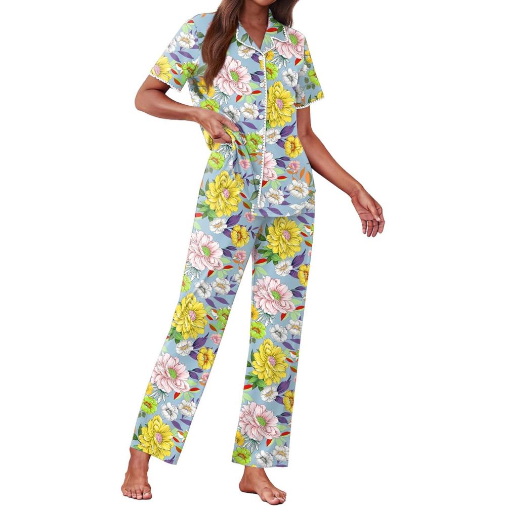 imageEkouaer Womens Pajama Sets Button Down Loungewear Short Sleeve Sleepwear 2 Piece Pants Pjs Set with Pockets SXXLYellow Chrysanthemum