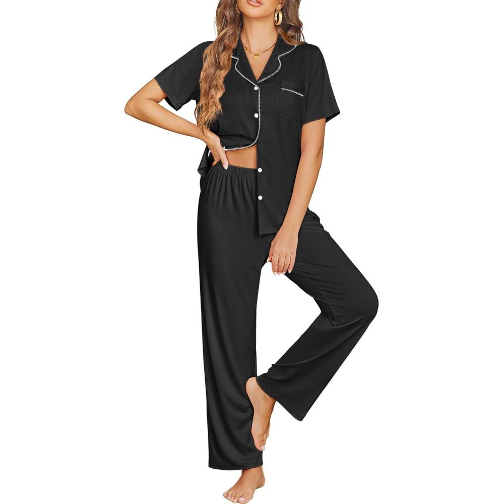 imageEkouaer Womens Pajama Sets Button Down Pjs 2 Piece Short Sleeve Sleepwear with Pants Soft LoungewearBlack