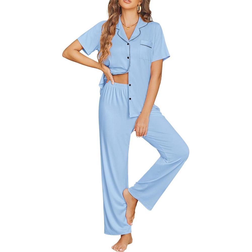 imageEkouaer Womens Pajama Sets Button Down Pjs 2 Piece Short Sleeve Sleepwear with Pants Soft LoungewearCool Blue