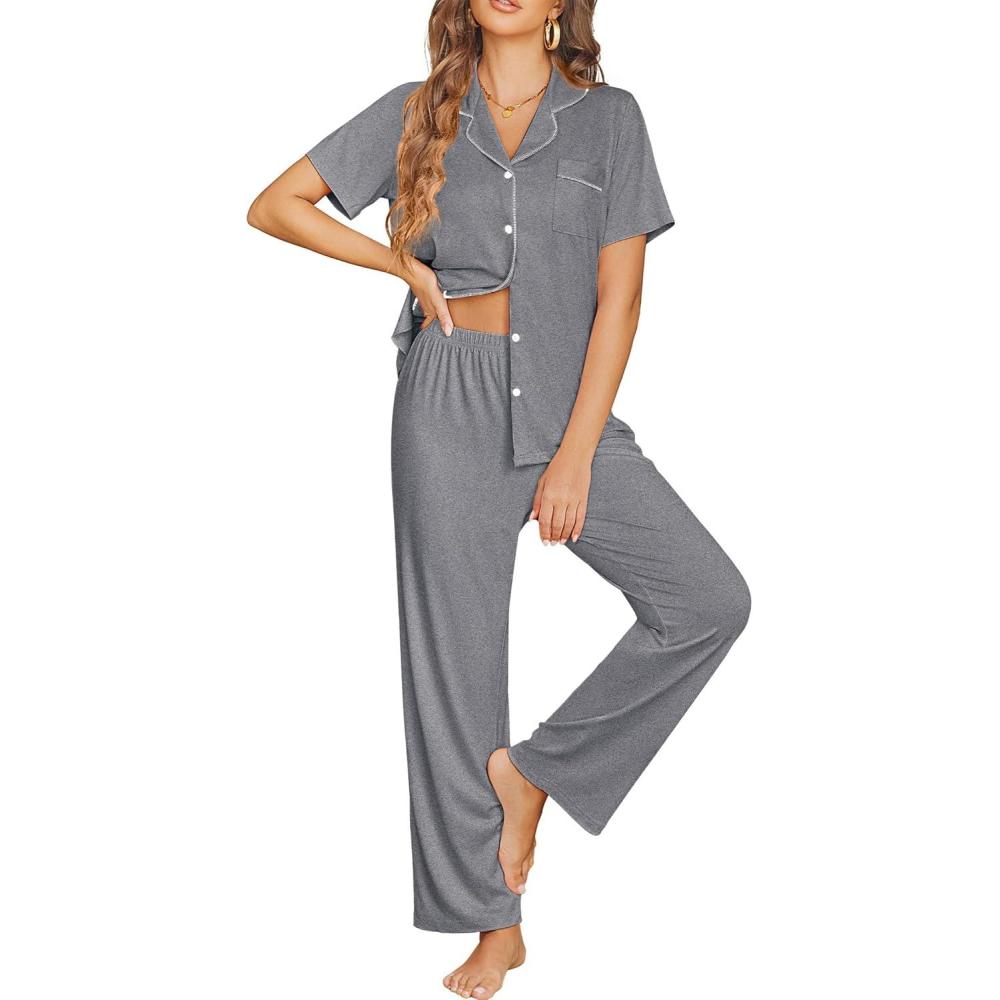 imageEkouaer Womens Pajama Sets Button Down Pjs 2 Piece Short Sleeve Sleepwear with Pants Soft LoungewearGrey