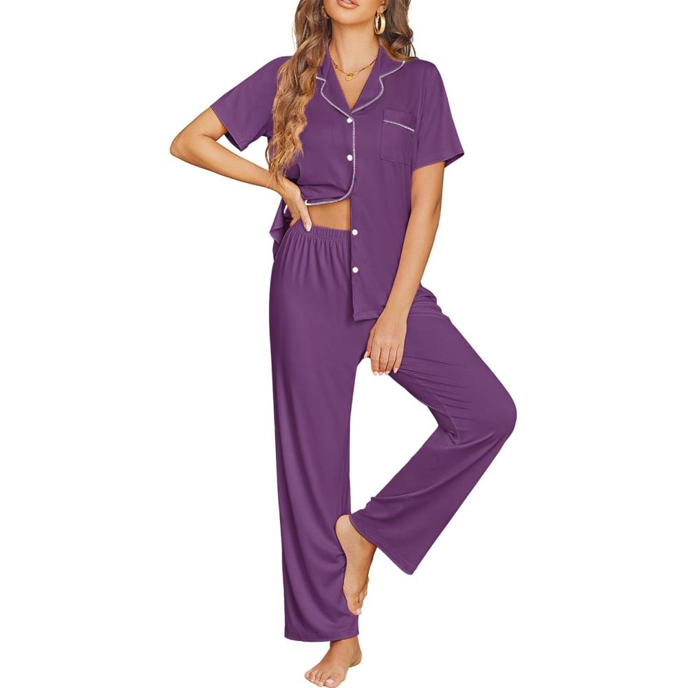 imageEkouaer Womens Pajama Sets Button Down Pjs 2 Piece Short Sleeve Sleepwear with Pants Soft LoungewearPurple