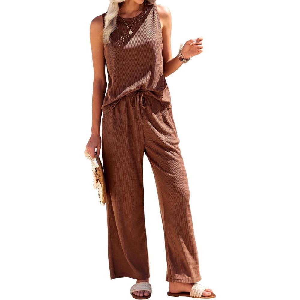 imageEkouaer Womens Pajamas 2 Piece Lounge Set Waffle Knit Loungewear Sleeveless Tank Top with Long Pants Outfits SXXLBrown