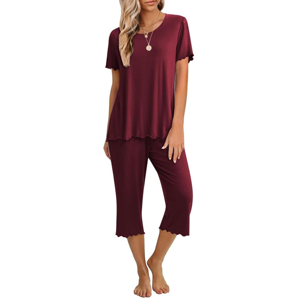 imageEkouaer Womens Pajamas Set Short Sleeve Top With Capri Pants Pjs 2 PIece Lounge amp Sleepwear Set SXXLDeep Red
