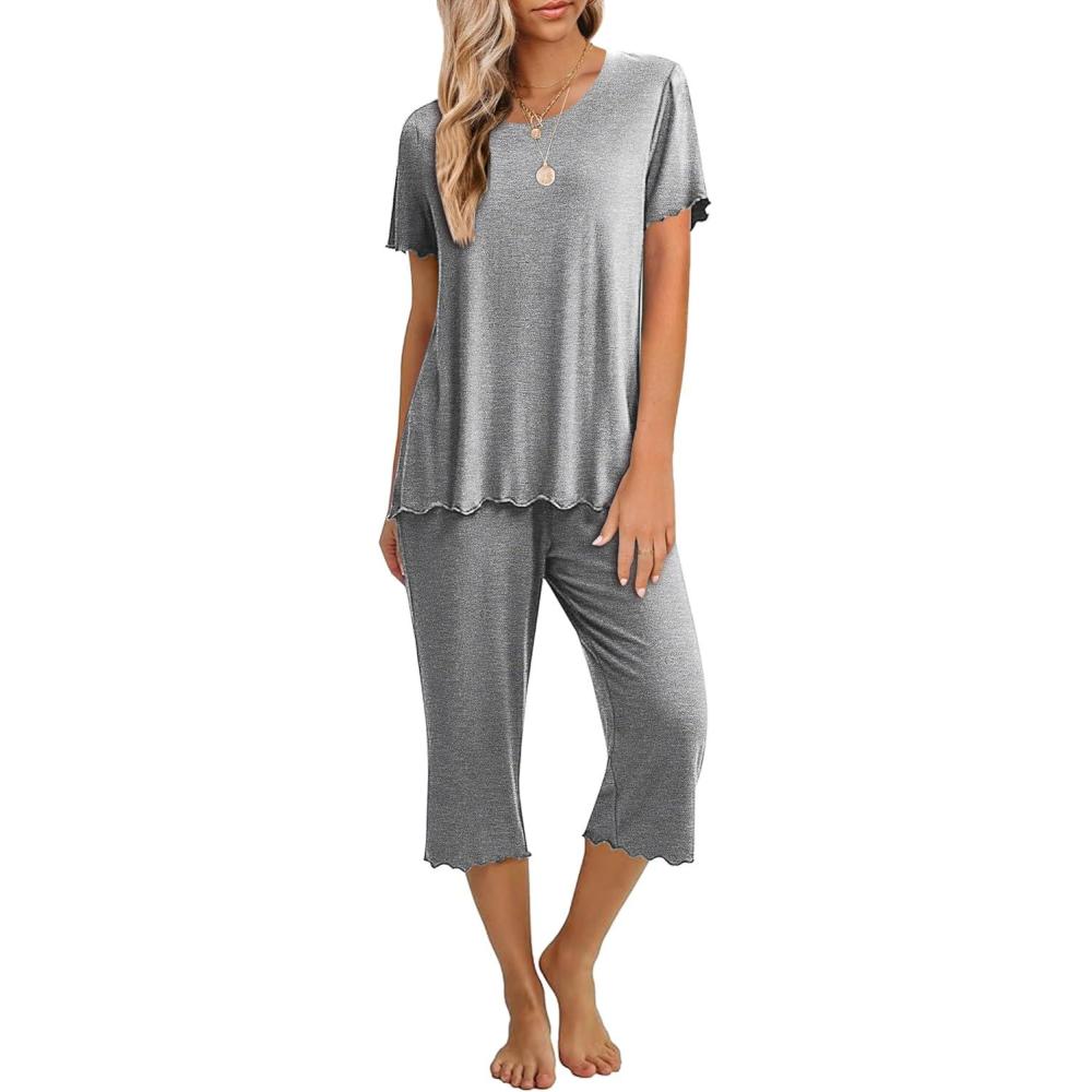 imageEkouaer Womens Pajamas Set Short Sleeve Top With Capri Pants Pjs 2 PIece Lounge amp Sleepwear Set SXXLGray