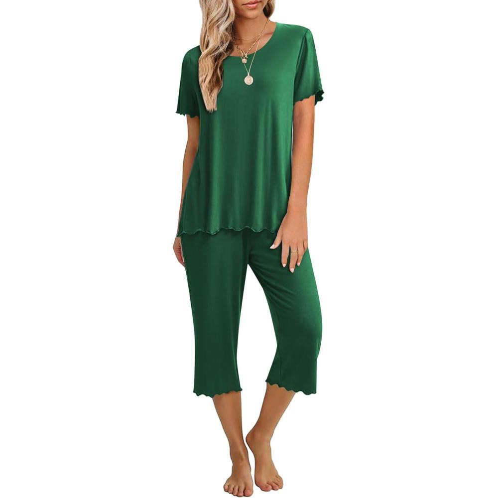 imageEkouaer Womens Pajamas Set Short Sleeve Top With Capri Pants Pjs 2 PIece Lounge amp Sleepwear Set SXXLGreen