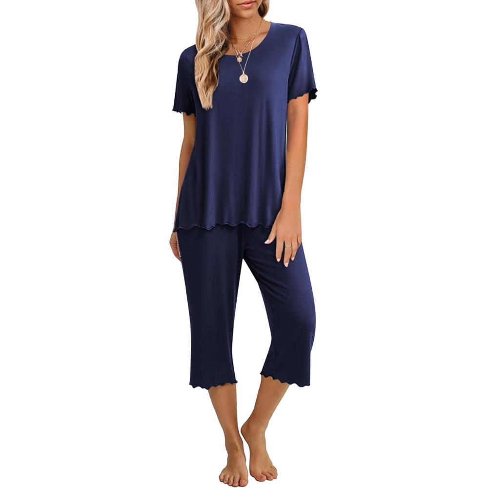 imageEkouaer Womens Pajamas Set Short Sleeve Top With Capri Pants Pjs 2 PIece Lounge amp Sleepwear Set SXXLNavy Blue