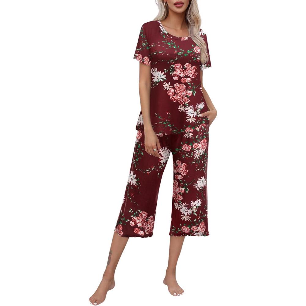 imageEkouaer Womens Pajamas Set Short Sleeve Top With Capri Pants Pjs Lounge amp Sleepwear Set SXXL02 Floral Wine