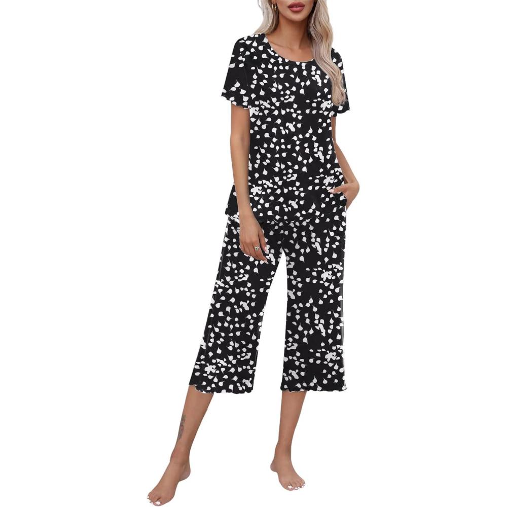 imageEkouaer Womens Pajamas Set Short Sleeve Top With Capri Pants Pjs Lounge amp Sleepwear Set SXXL0black With White Dot