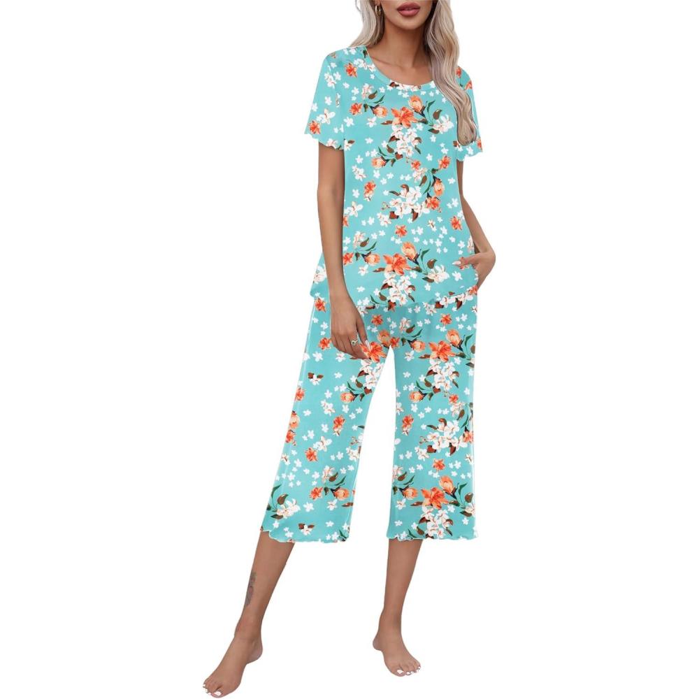 imageEkouaer Womens Pajamas Set Short Sleeve Top With Capri Pants Pjs Lounge amp Sleepwear Set SXXL0green With Orange Flower