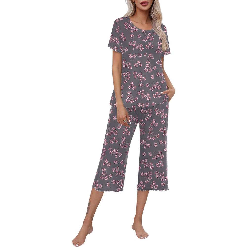 imageEkouaer Womens Pajamas Set Short Sleeve Top With Capri Pants Pjs Lounge amp Sleepwear Set SXXL0grey With Floral Print