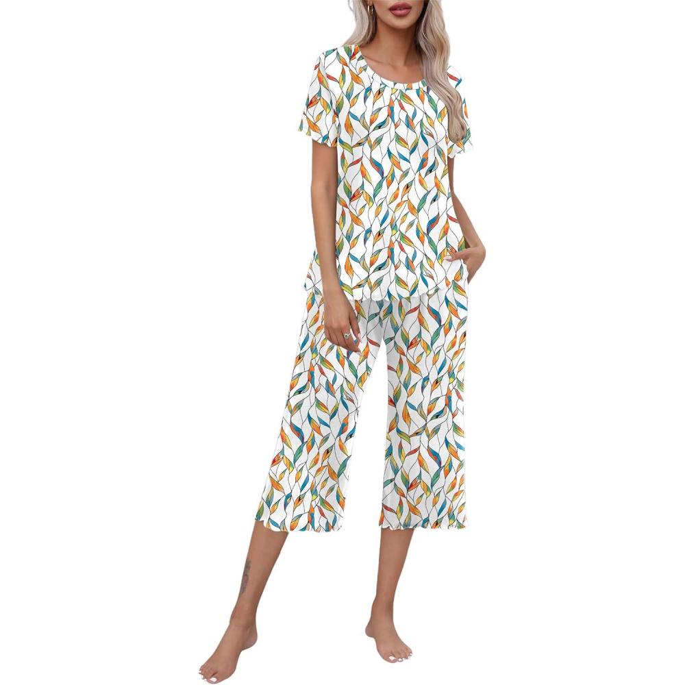 imageEkouaer Womens Pajamas Set Short Sleeve Top With Capri Pants Pjs Lounge amp Sleepwear Set SXXL0white With Leaves