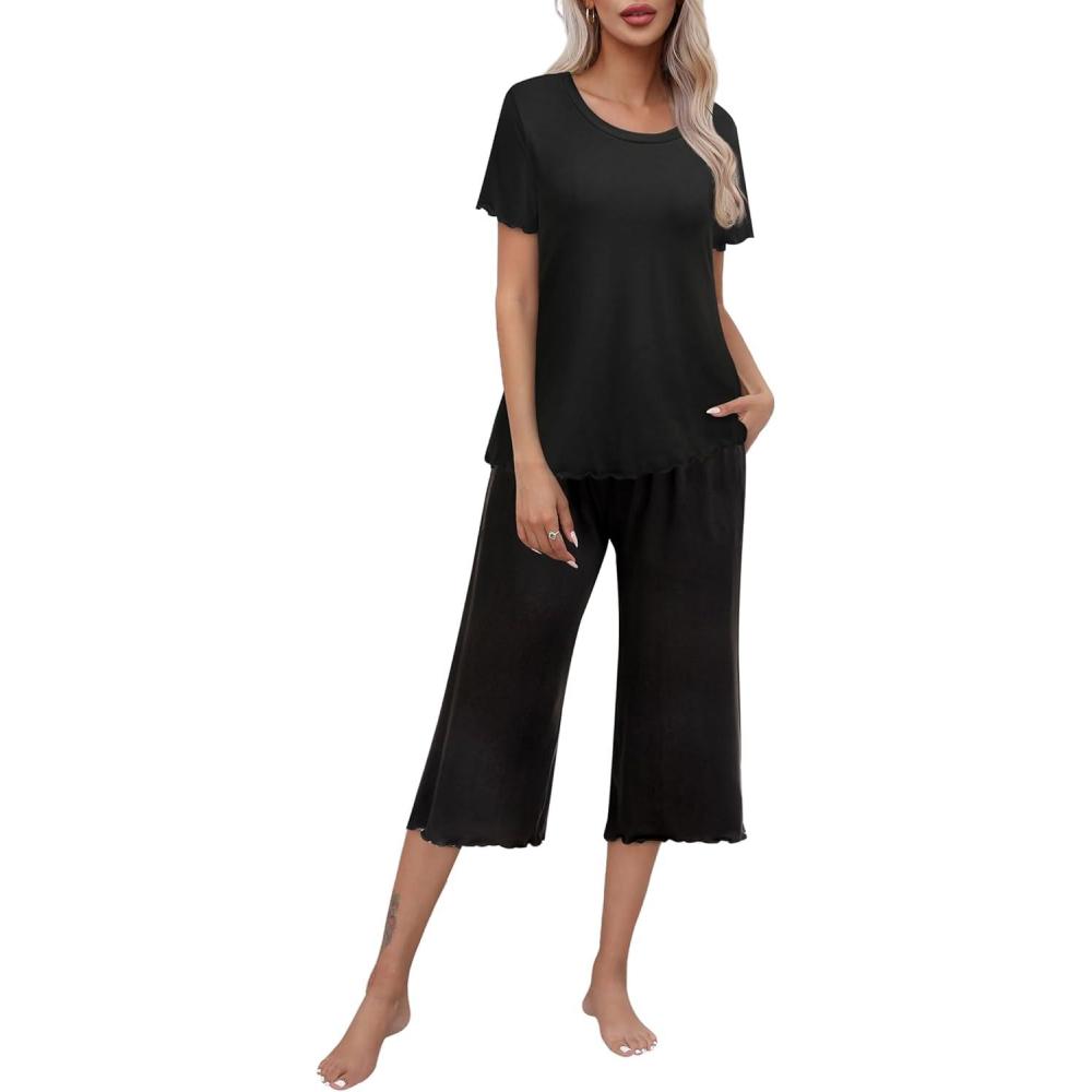 imageEkouaer Womens Pajamas Set Short Sleeve Top With Capri Pants Pjs Lounge amp Sleepwear Set SXXLBlack