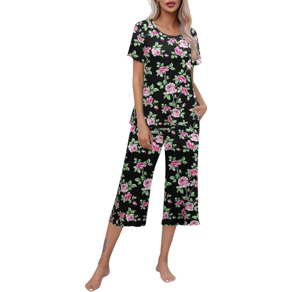 imageEkouaer Womens Pajamas Set Short Sleeve Top With Capri Pants Pjs Lounge amp Sleepwear Set SXXLBlackPink Flower